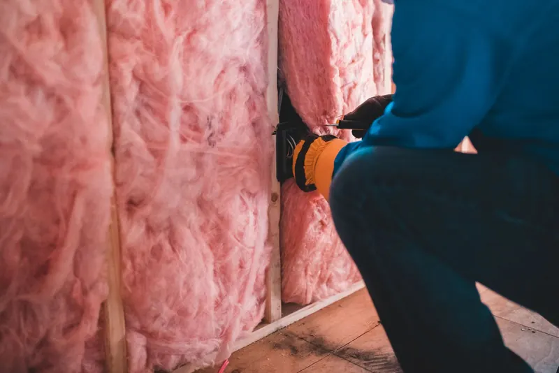 Worker pressing pink fiberglass insulation into a wall cavity